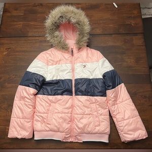 Tommy Hilfiger Faux Fur Hooded Pink Blue And White Puffer Jacket Misses Size XL